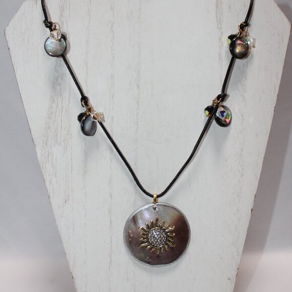 Mother of Pearl Blister Pearl with Sun Center and Leather Cord with Crystals - Picture 3 of 11